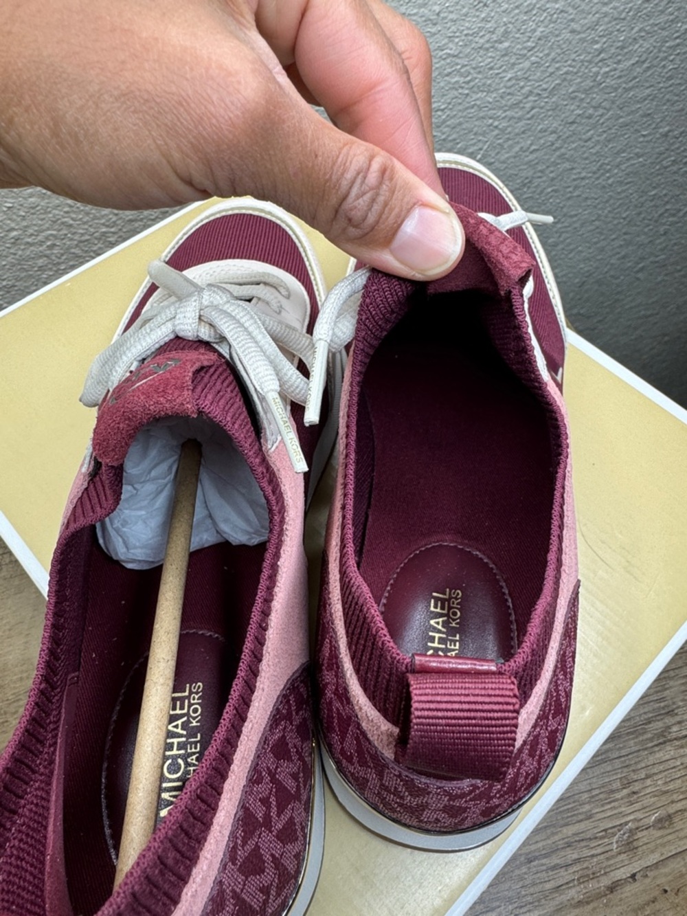 Michael Kors Plum and Blush Knit Slip-On Sneakers - Picture 3 of 4